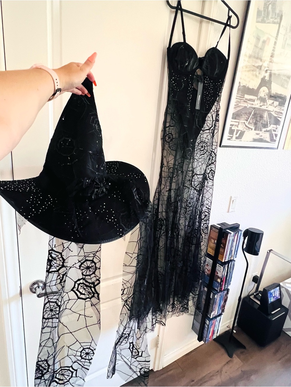 Halloween Witch Spiderweb Dress Costume:dress, hat, gloves,broom! NEW!